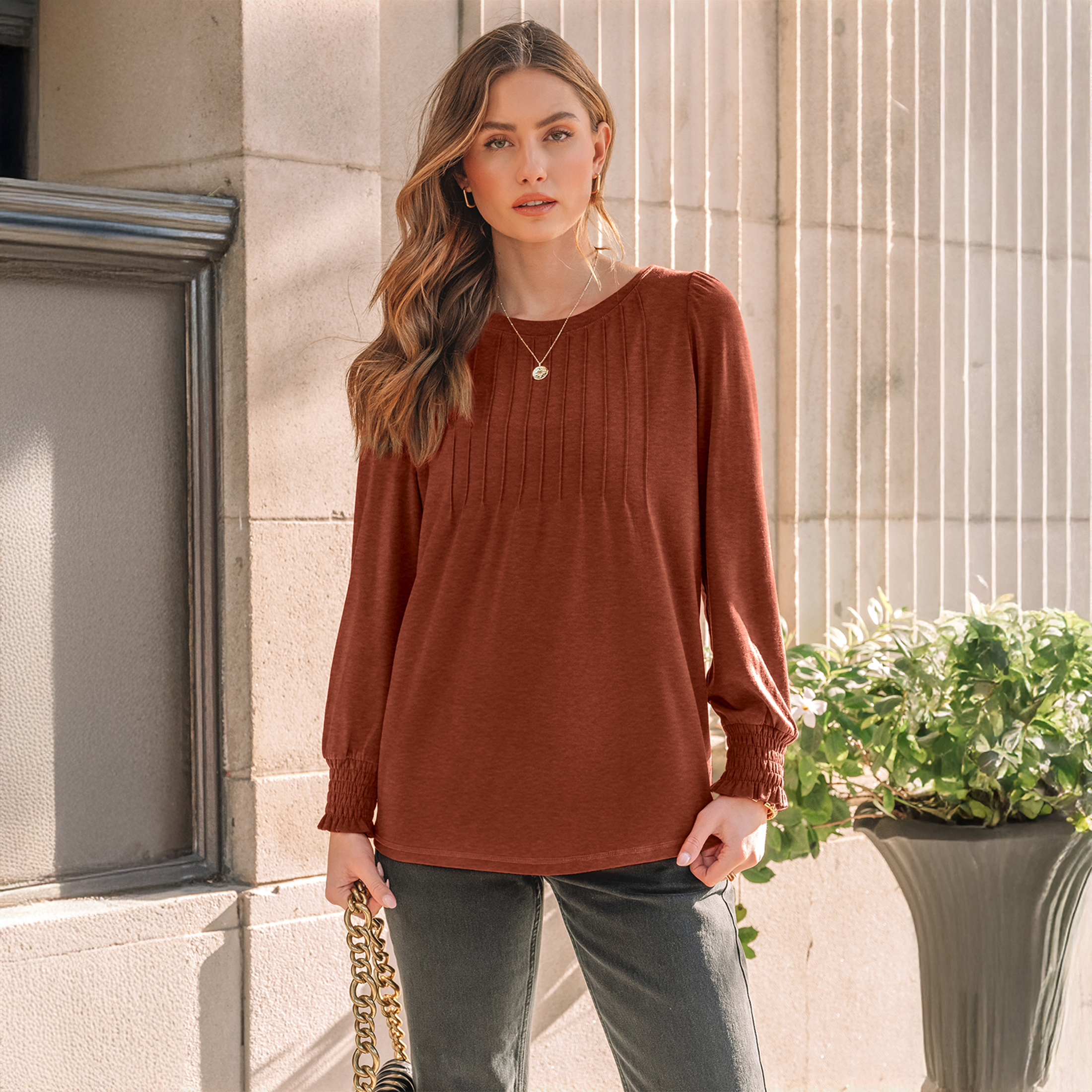 SUNBS Women's Pleated Long Sleeve Blouse, Orange photo 7
