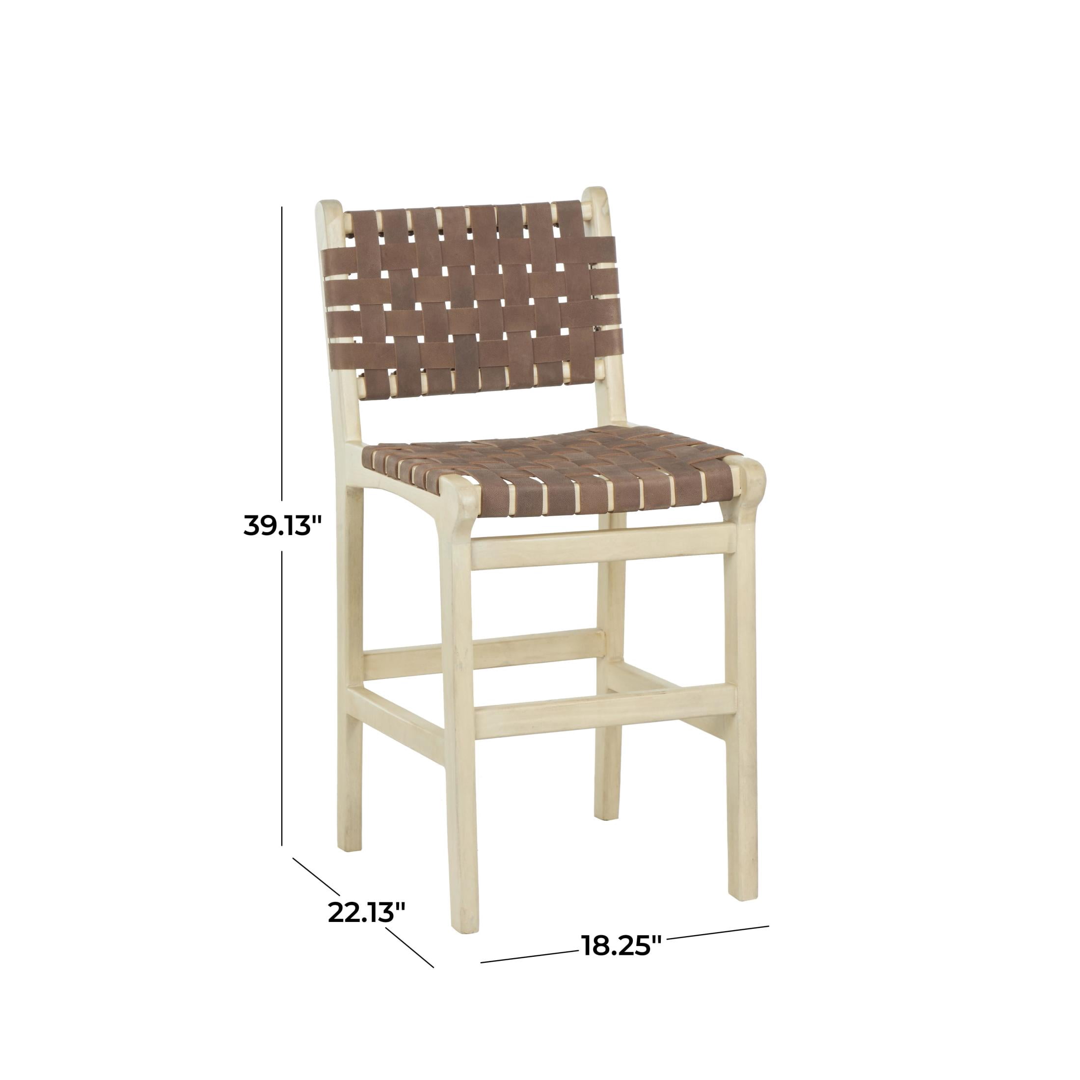 DecMode Mango Wood Handmade Woven Bar Stool with Light Brown Wood Frame with Backrest and Footrest, Brown