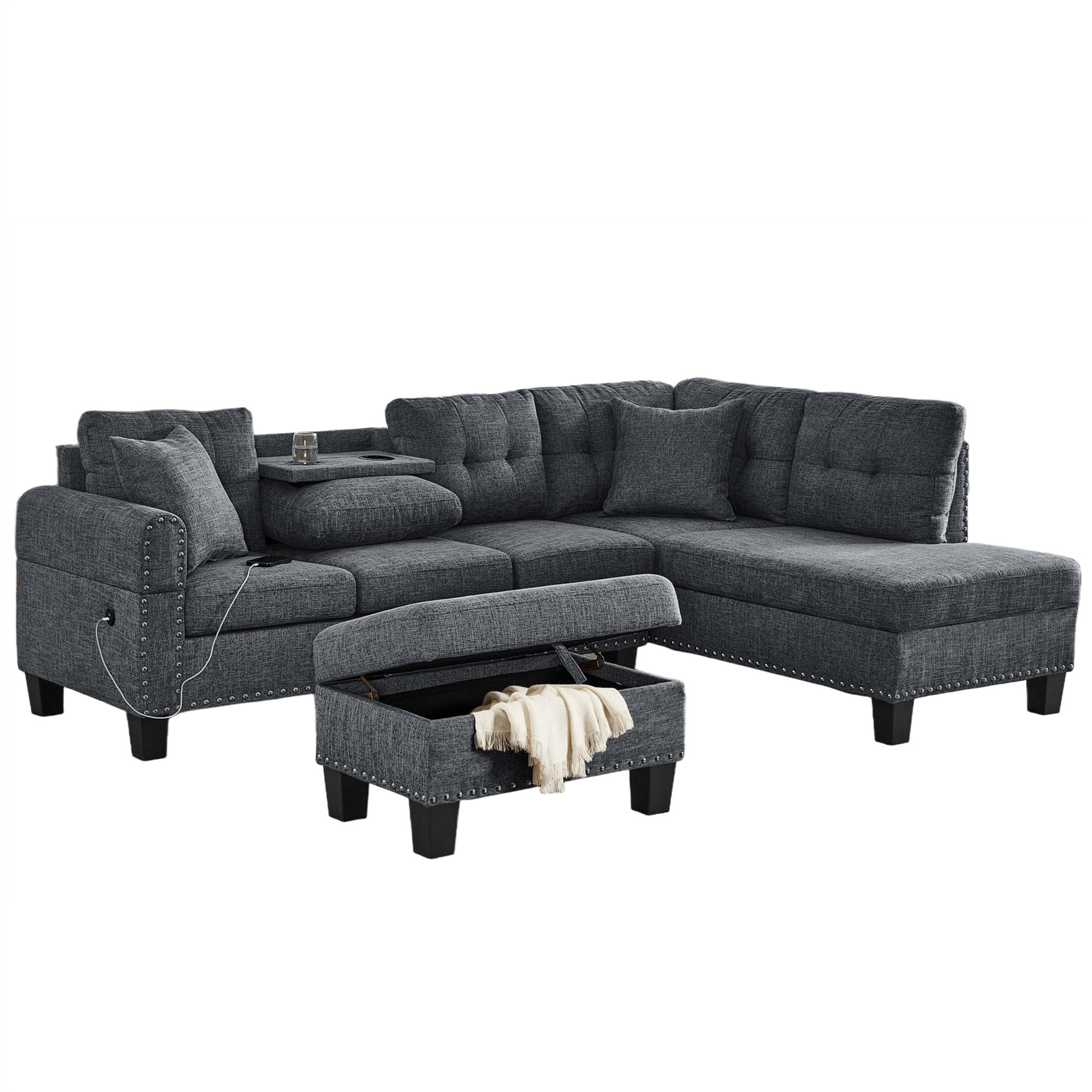 Aukfa 3 Piece Sectional Sofa Couch with Cupholder USB & Storage Ottoman for Living Room, Linen, Right Chaise, Gray