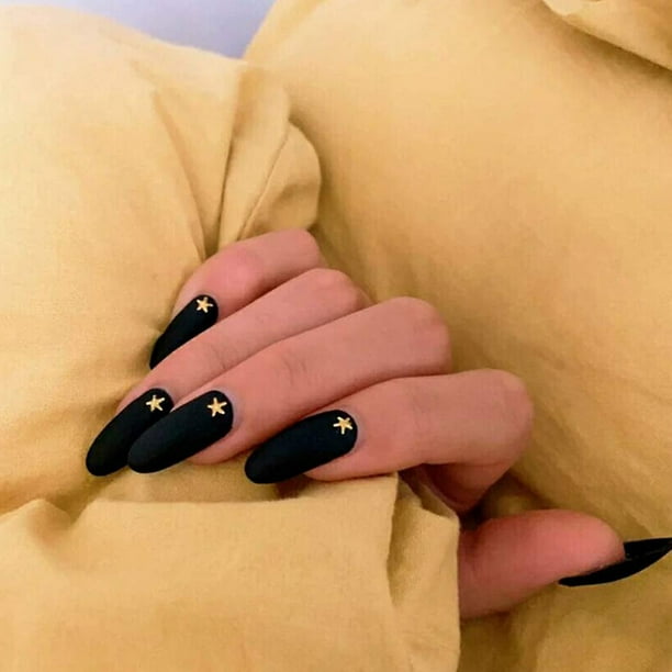 Las uñas de estrella de mar, uñas postizas ovaladas negras, cubierta completa mate, uñas largas y falsas, uñas acrílicas con pinza nude compatibles con mujeres y niñas (24 unidades Afortunado Sencillez