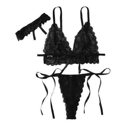 

Intimates New Lace 3-Pc Bandage Lingerie Women Underwear Sleepwear Wireless Bra G-string Polyester no underwire sports bra Black