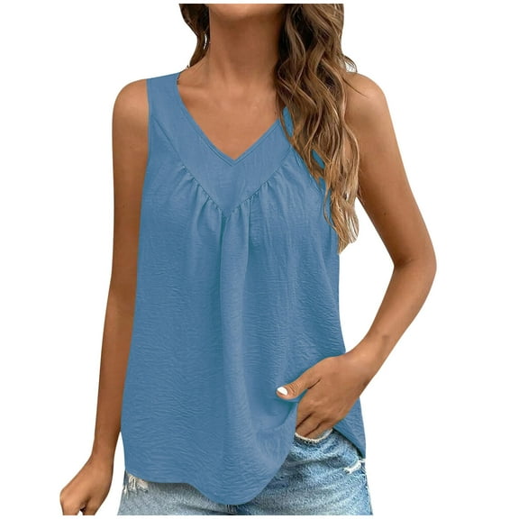 Otntypg Womens Tank Tops Loose Fit Ruched V Neck Solid Color Sleeveless Cute Flowy Tops Casual Basic Banded Shirts Blue M