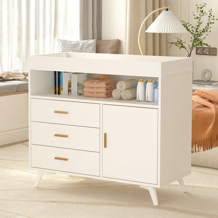 Roromall Nursery Dresser with Baby Changing Table Diaper Changing Tables with 3-Drawer & Shelves Baby Dresser with Changing Table Top Dresser for Nursery Wood Diaper Changing Station