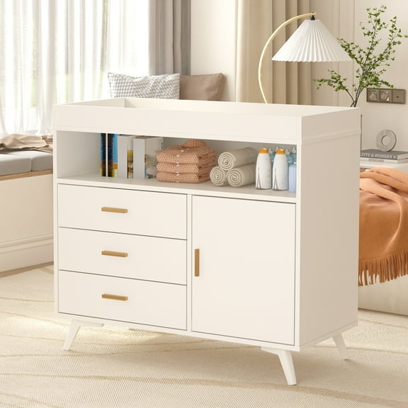 Roromall Nursery Dresser with Baby Changing Table, Diaper Changing Tables with 3-Drawer & Shelves, Baby Dresser with Changing Table Top, Dresser for Nursery, Wood Diaper Changing Station
