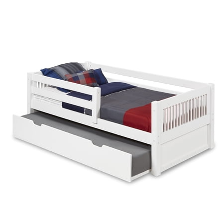 Camaflexi Twin Size Day Bed with Front Guard Rail & Twin Trundle - Mission Headboard - White Finish
