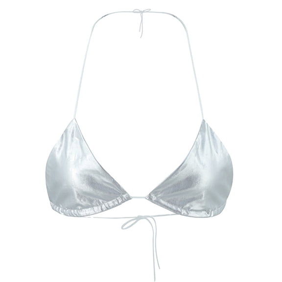 Women Thin Simple Triangle Cup Bikini Bra Metallic Silver Color Wirefree Backless Brassire Bralette Clubwear