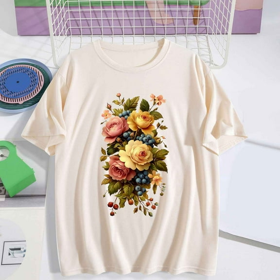 Busydd Graphic Tees for Women Trendy Floral Print Short Sleeve Summer Tops Casual Comfy Crewneck Going Out Tops for Women S