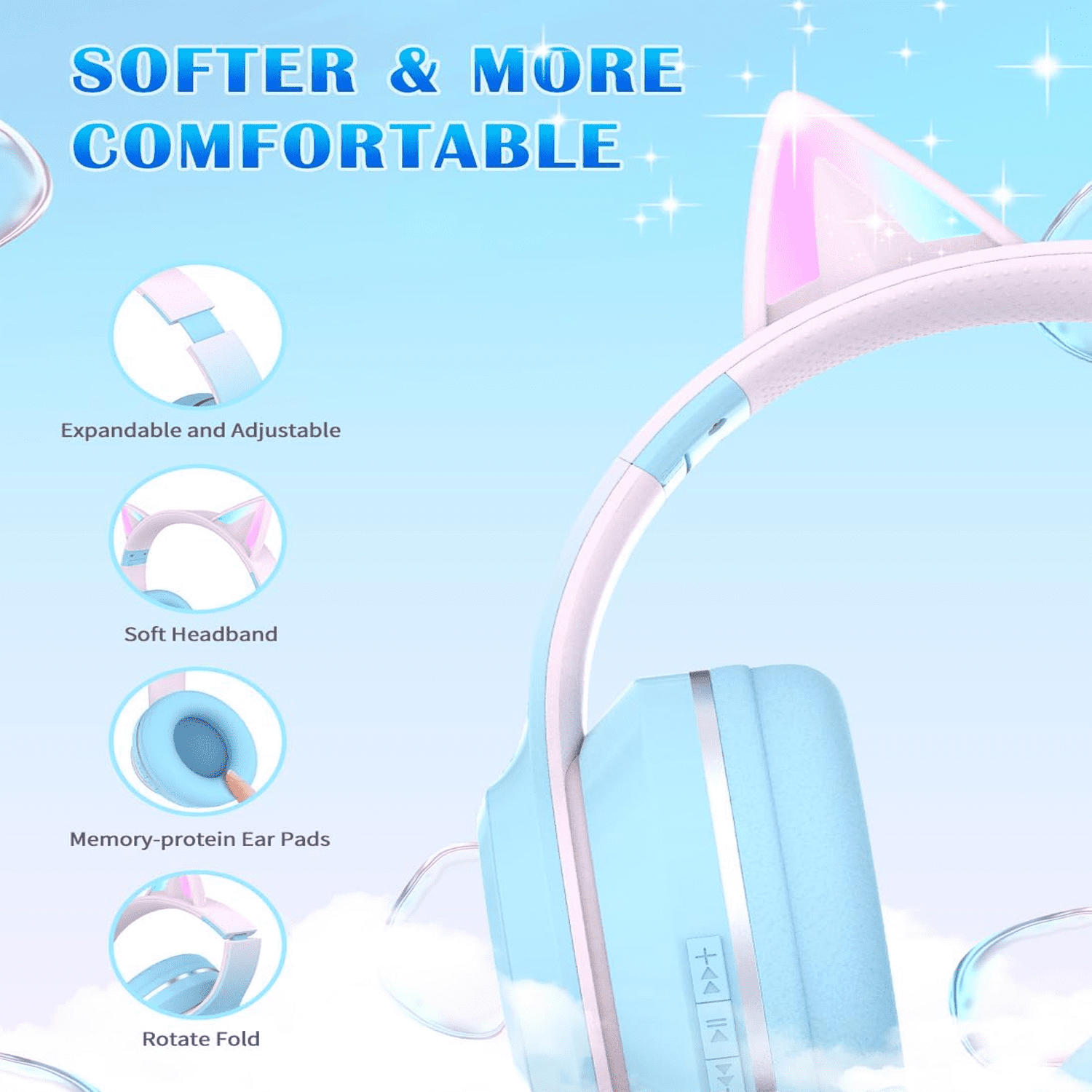 New Gaming Cat Ear Headphones LED Lights Headset Cute Wireless Bluetooth 5.0 School Teen on Ear for Computer | Laptop | Plane Travel