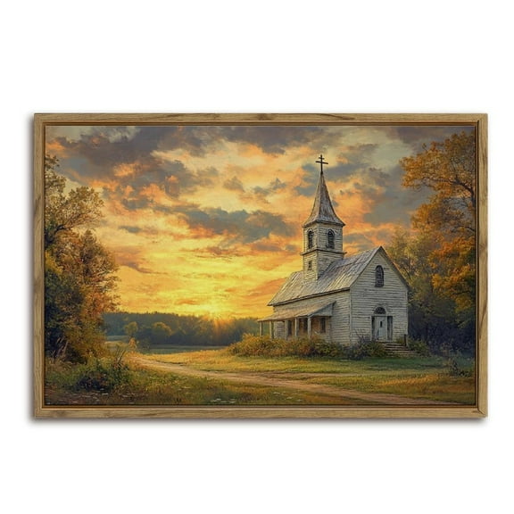 Rural Church Sunset Art Horizontal Canvas Wall Art with Lightweight Foam Frame - Durable and Ready to Hang, Modern Decorative Print for Living Room, Bedroom, Or Office