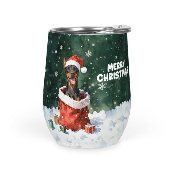 Santa Surprise Gift Doberman Pinscher Merry Cheerful Christmas 12oz Stainless Steel Wine Tumbler Insulated Cup with Lid Doberman Dog Lover Gifts - 12021