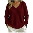 thumbnail image 3 of Women's Waffle Knit Sweatshirt Long Sleeve V-Neck Solid Color Loose Fit Casual Pullover Tops for Daily Wear, 3 of 8