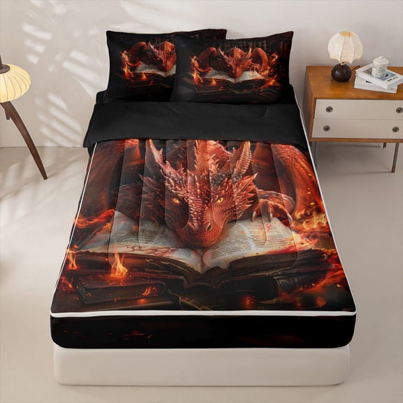 Homewish Red Fire Book Dragon Zipper Twin Comforter Sets with Fitted Sheet and 2 Pillowcases For Boys And Girls,Red Orange Fantasy Zipper Bedding Set,Black Reversible,4 Pieces