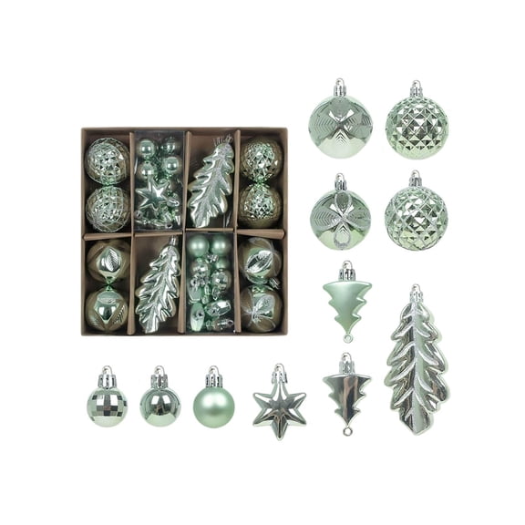 Christmas Tree Star & Ball Ornament Set, Shatterproof Xmas Hanging Decorations with Glossy Glitter Faceted Leaf Textures in Storage Box for Home Holiday Decor Christmas Ball Ornaments