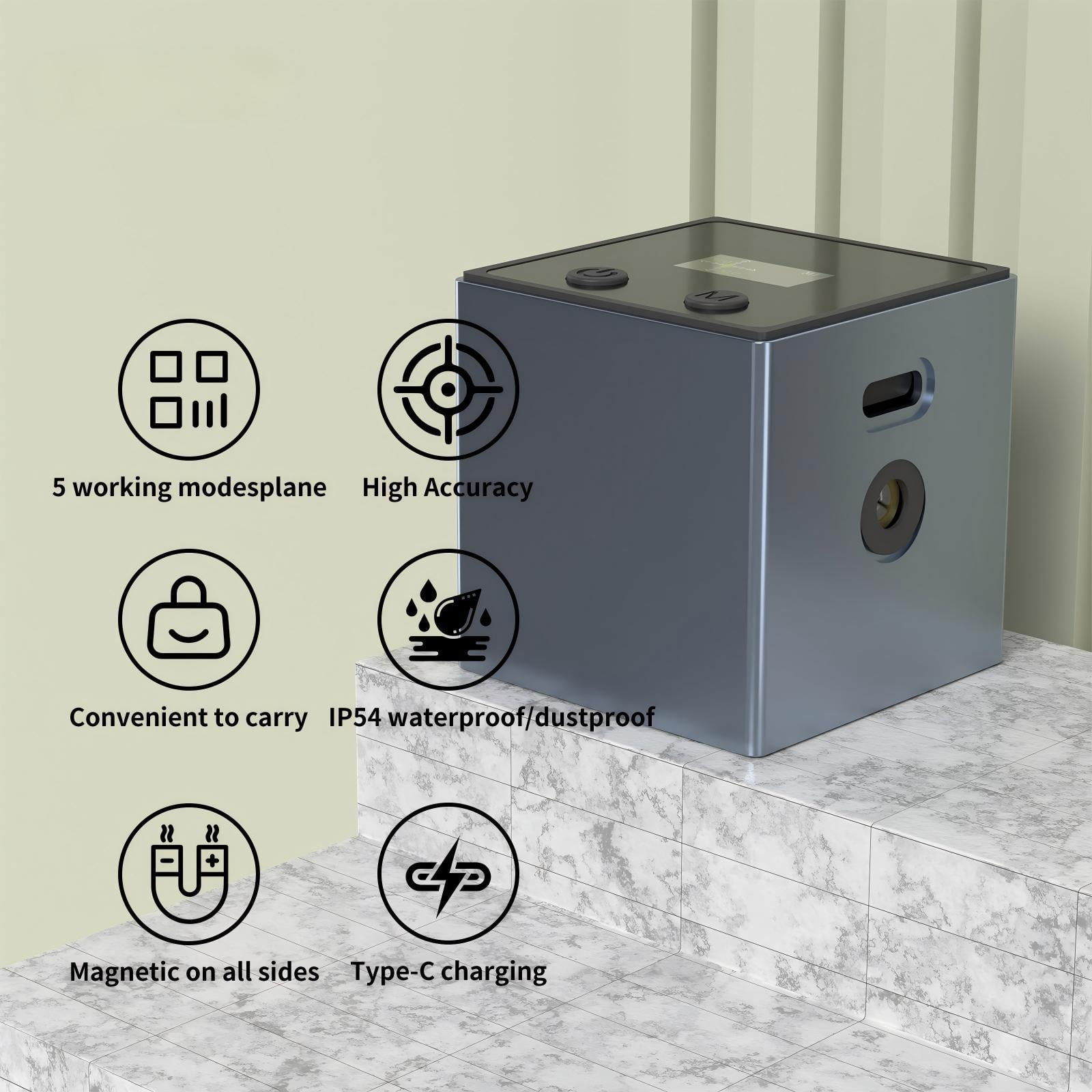 JDMEOPD Cube Laser Level with Tripod, 5 Modes, 3500 Inch Range, Magnetic Sides, IP54 Water & Dust Resistant, USB-C Rechargeable Line Level for Wall Layout & Home Improvement(Gray)