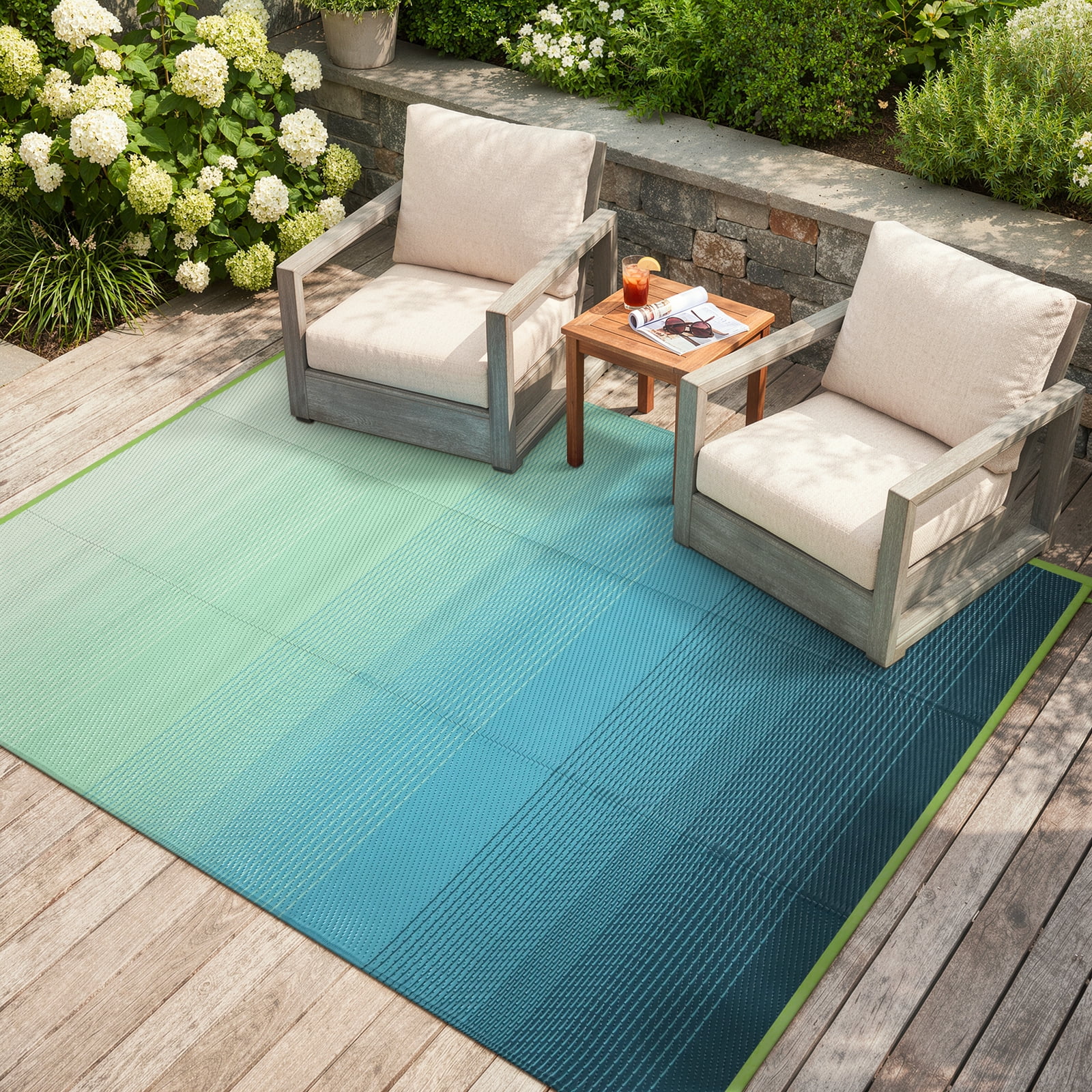 SUNDEREY Outdoor Rug 5'x8', Waterproof Reversible Plastic Straw Mat for Patio, RV & Camping - Lightweight Carpet for Deck, Balcony & Backyard, Teal