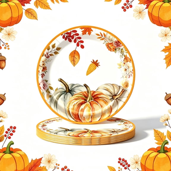 WWC 20 pcs Fall Tableware Set, 7 inch Pumpkin and Maple Leaf Disposable Paper Plates for 20 Guests, Thanksgiving Decor for Party Gatherings Supplies