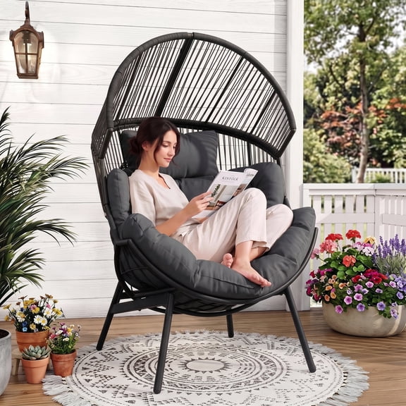 Dovov Oversized Egg Chair, Wicker Egg Lounge Chair with Cushion, Modern Rattan Basket Chair All Weather Lounger Patio Chair w/ Steel Frame, for Backyard Porch, 550 Lbs Capacity, Gray