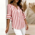 thumbnail image 6 of Women's Casual Loose Linen Striped V-Neck Three-Quarter Sleeve Ruffled Top, 6 of 8