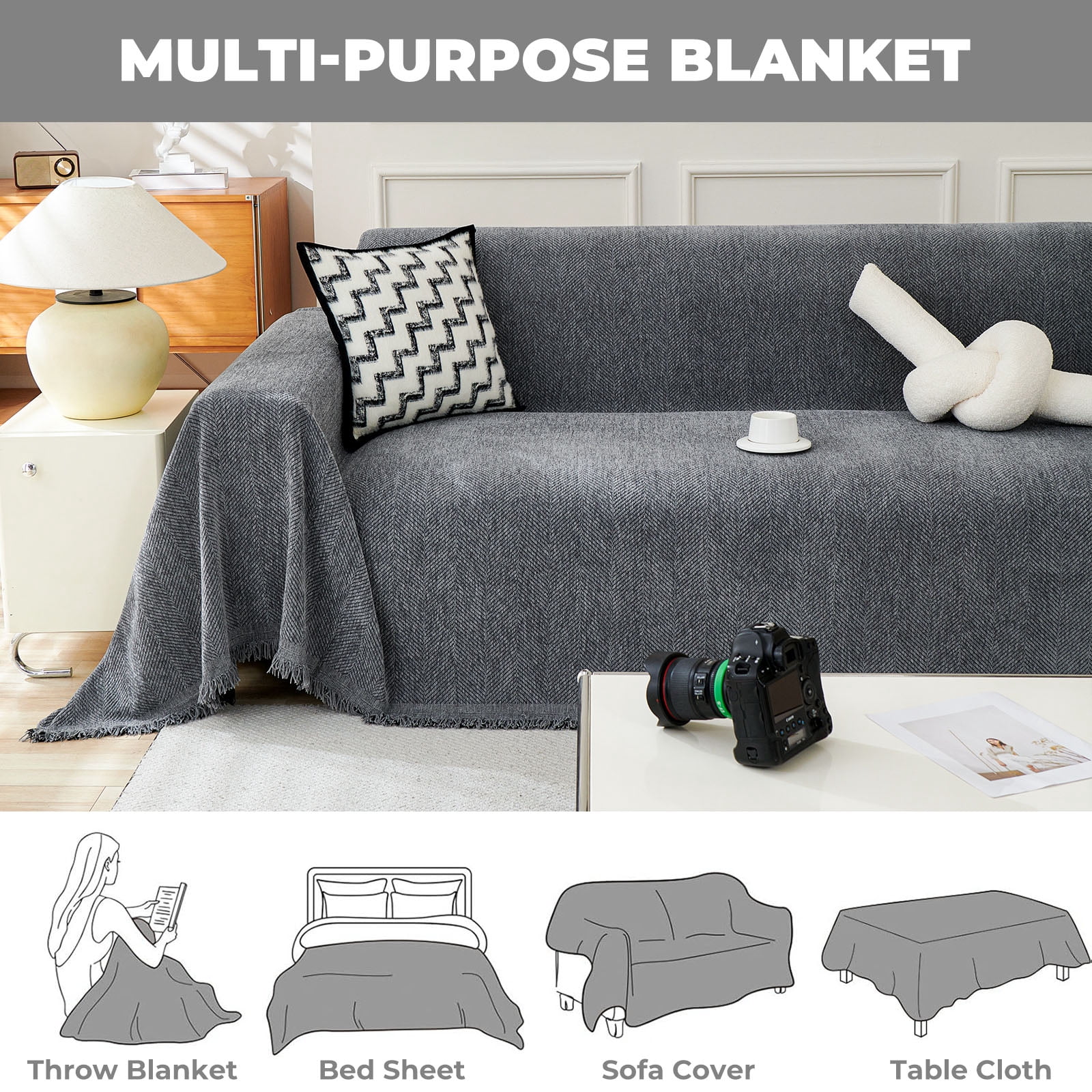 Sanmadrola Sofa Cover Non Slip Couch Cover for 3 Cushion Couch Machine Washable Furniture Protector for Dogs Pet Chenille Throw Slipcover Blanket for Living Room (Gray, 91"x134")