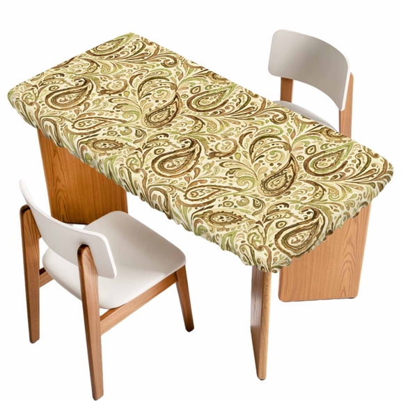 Beige Brown Green Table Cloths for 6 Foot Rectangle Tables, Retro Botanical Abstract Art Patio Waterproof Elastic Fitted Tablecloths, Washable Rectangular Table Cover for Camping
