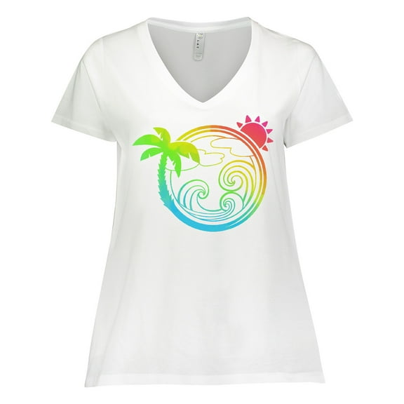 Inktastic Beach Scene with Sun and Palm Tree Women's Plus Size V-Neck T-Shirt