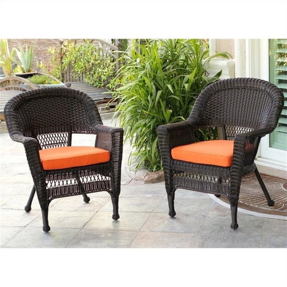 Afuera Living Wicker Chair in Espresso with Orange Cushion (Set of 2)