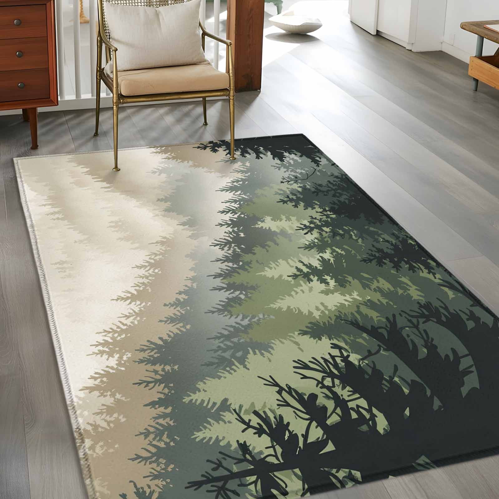 Area Rugs 2.7'x5', Mountains Carpet for Living Room Bedroom Dining Room, Watercolor Forest Nature Pine Trees Landscape Throw Kitchen Rugs Non Slip Washable Rectangle Indoor Outdoor Rugs