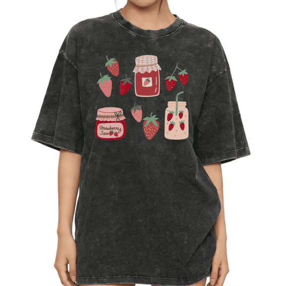 Women's Vintage Strawberry Jam & Smoothie Jar Graphic Comfortable Crew Neck Washed T Shirt Black S-2XL Plus Size