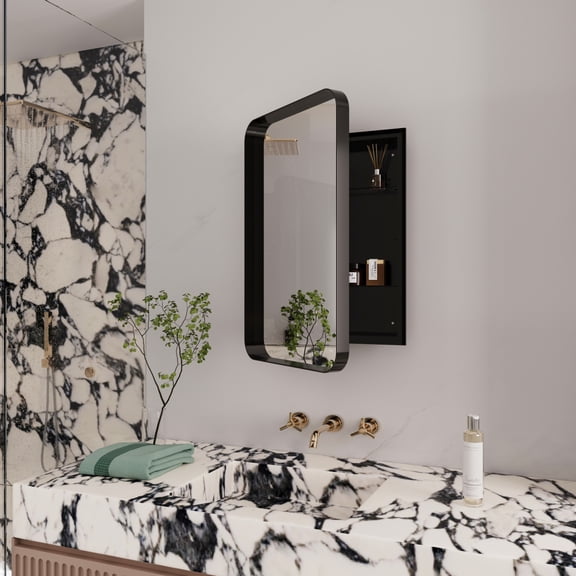 16x24 Inch Recessed & Wall Mounted Medicine Cabinet with Mirror Black Metal Framed Bathroom Cabinet with Adjustable Tempered Glass Shelves Fog-Proof & Anti-Corrosion Storage Organizer
