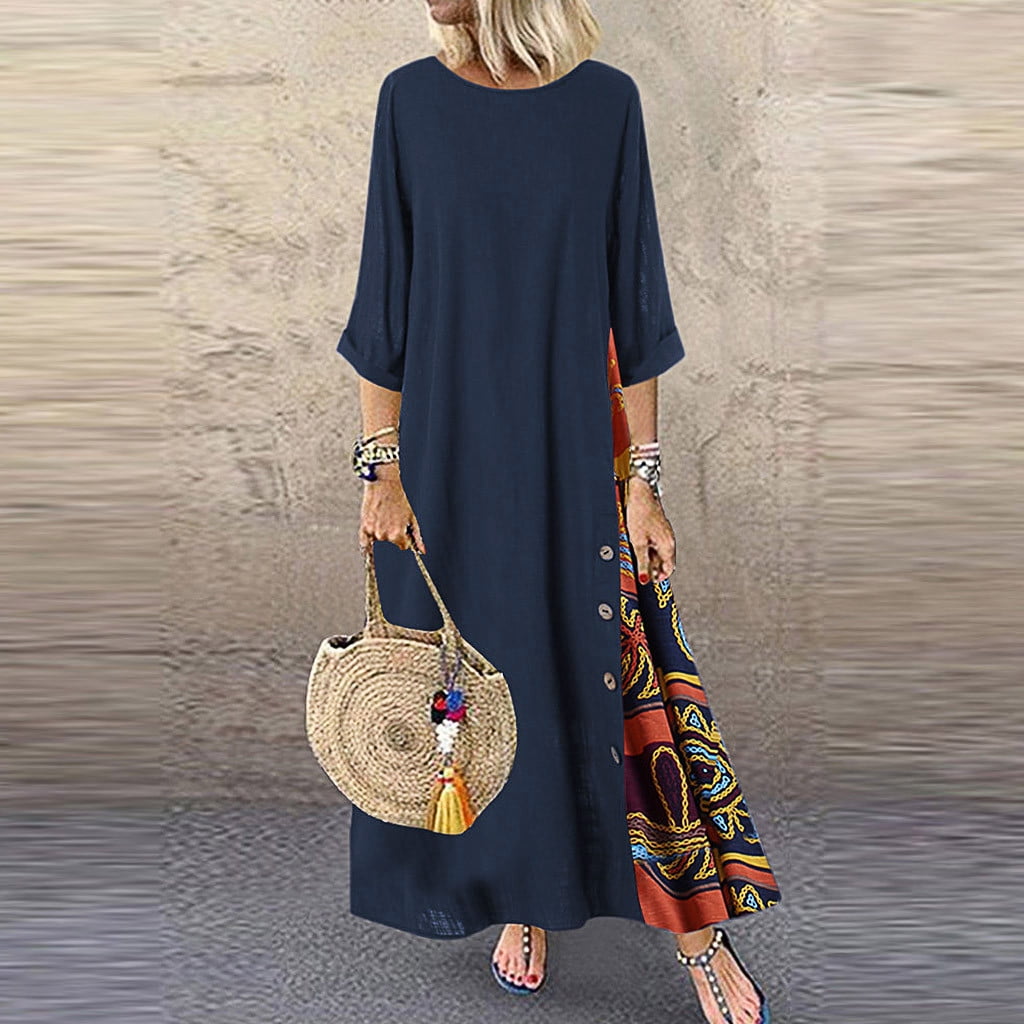 Fashion Ladies Linen Dress 3/4 Sleeve Vintage Patchwork Low High Hem Casual T-Shirt Dress Casual Holiday Beach Sundress Evening Party Cocktail Weant Womens Dress Plus Size Sale
