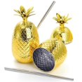 thumbnail image 3 of Paquete de 2 vasos para bebidas con forma de piña, 450 ml, piñas doradas con pajita estirada, vasos dorados para fiesta hawaiana Luau, dorados, 3 of 5