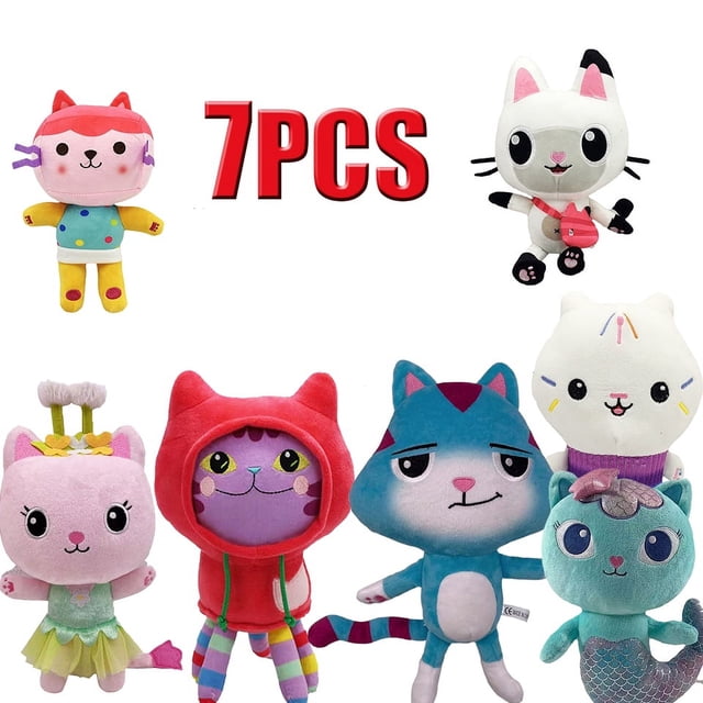 Casa de muñecas Gabby de 25cm, juguete de peluche de dibujos animados, sirena, gato, sirena, regalo de Navidad para niños, 7 piezas