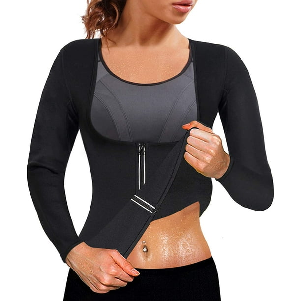 KSCD Hot Neoprene Sauna Suits for Women Sweat Waist Trainer Vest for Women  Workout Body Shaper Zipper Shirts Jacket Tops Black With Long Sleeve Large  