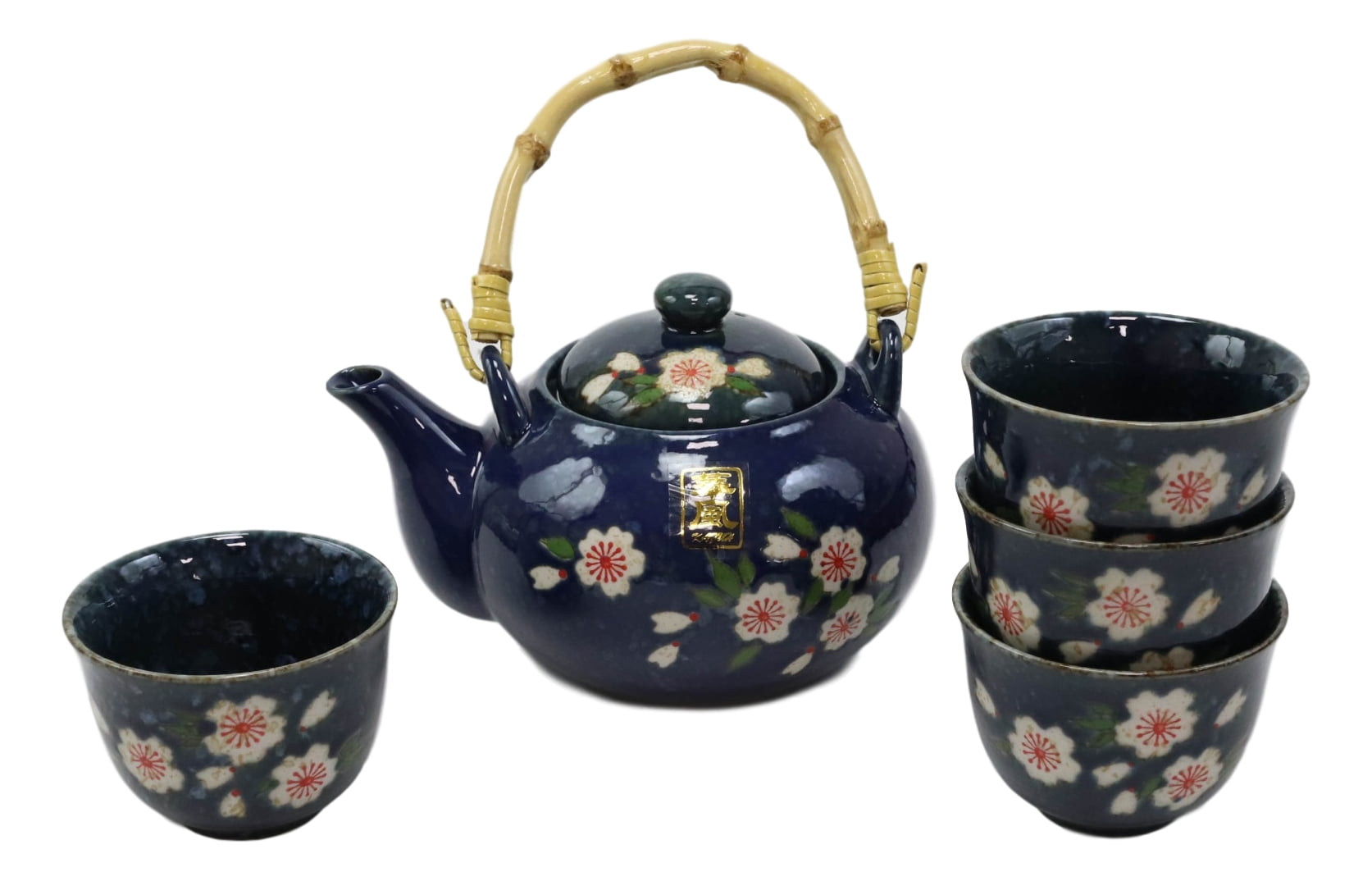 Japanese Sakura Cherry Blossom Flowers Navy Blue Ceramic Tea Pot
