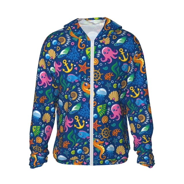 Fotbe Sea Fish Chaqueta con Protección Solar UPF 50+ para Hombre y Mujer, Camisa con Capucha y Bolsillos-Large