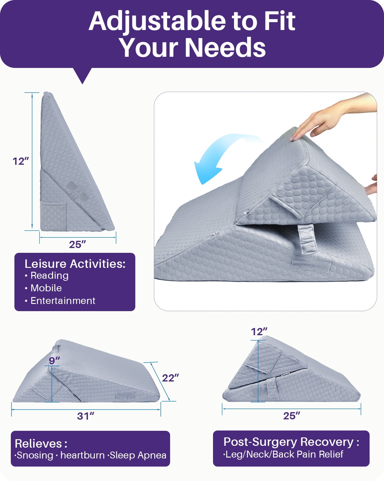 (2 pack) KEKOY Bed Wedge Pillow for Sleeping, Adjustable Height to 9-12 inches, Memory Foam Pillows with Washable Cover, Gray