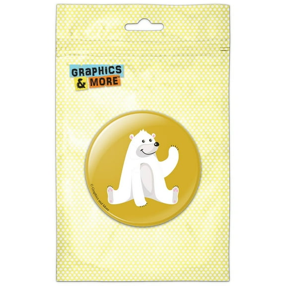 White Polar Bear Cartoon on Yellow Pinback Button Pin Badge