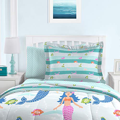 dream FACTORY Kids 7-Piece Complete Set Easy-Wash Super Soft Microfiber Comforter Bedding, Full, Light Blue Mermaid Dreams