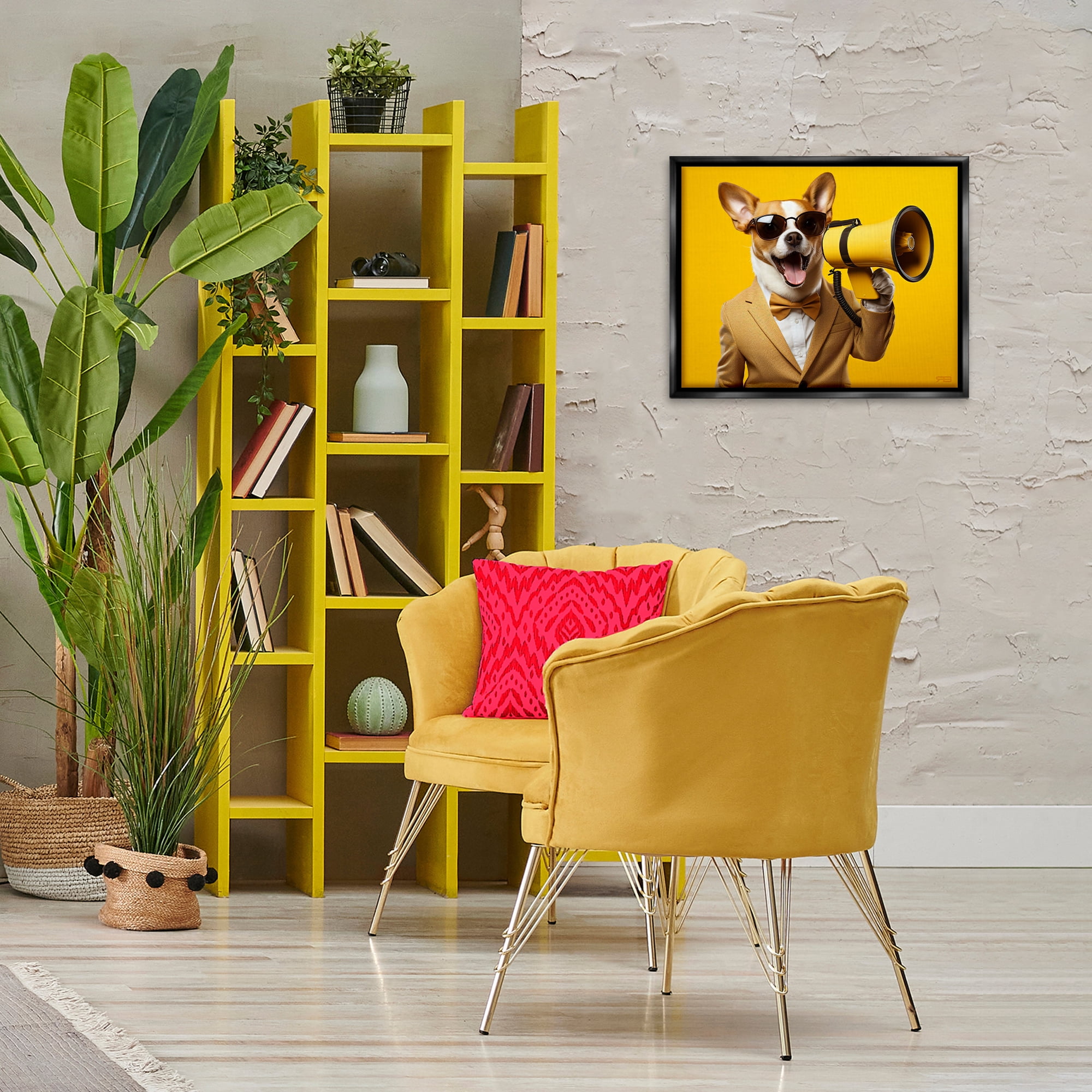 Stupell Industries Dog with Yellow Megaphone Animals & Insects Painting Black Floater Framed Canvas Art Print Wall Art, 21 x 17