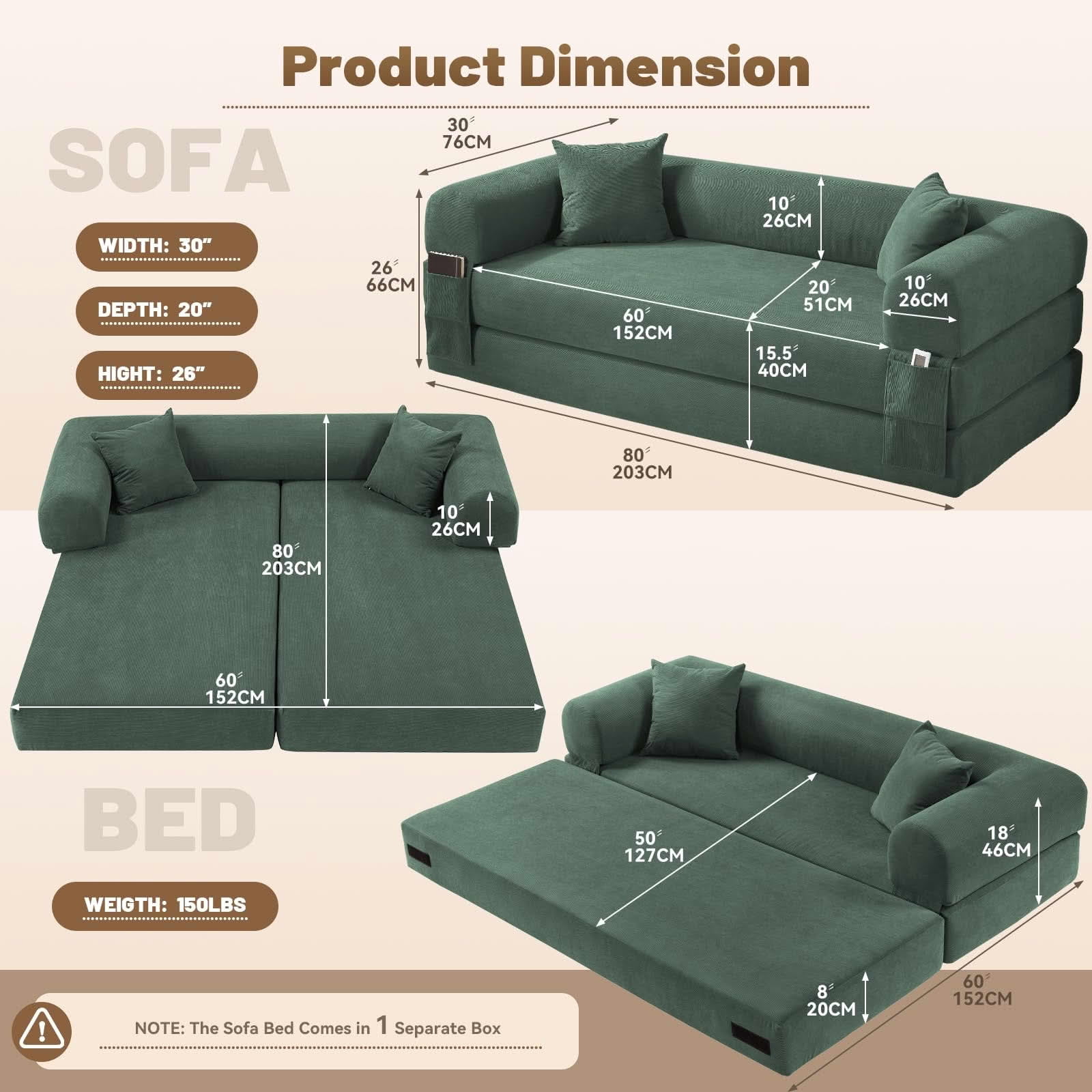 MAYEERTY 80" Light Green Corduroy Convertible Sofa Bed, 600lbs Queen Size Fold Out Sleeper Couch with Storage & No Assembly for Living Room