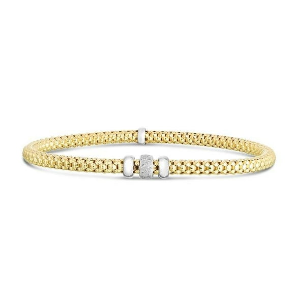 14K Two Tone Gold Polished Stretchable Popcorn Bangle with 0.09 CT 1 mm White Diamond