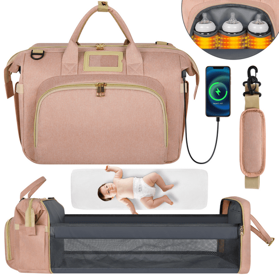 Diaper Bag Tote, Multifunctional Baby Changing Bag with Insulated Milk Bottle Pockets, Large Capacity Travel Backpack W/ USB Charging Port & Stroller Straps, Portable Newborn Baby Bags(Pink)