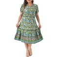 thumbnail image 2 of Agnes Orinda Women's Plus Size Summer Boho Casual V Neck Short Sleeve Floral Print Beach Midi A-Line Dress 3X Green, 2 of 6