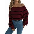 thumbnail image 3 of Off Shoulder Striped Sweater Women Fall Fashion Casual Knit Sweaters Pullover Y2k Cute Tops Wine Red L, 3 of 9
