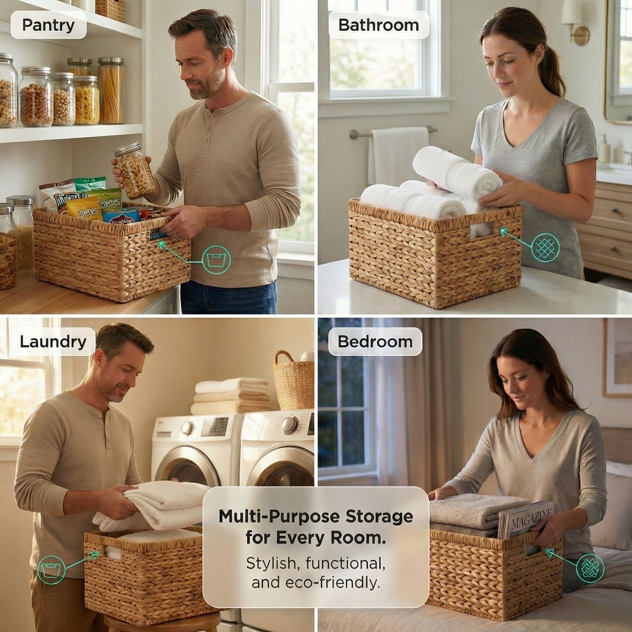 DEILSY Natural Water Hyacinth Wicker Storage Basket with Built-in Handles, Decorative Woven Storage Basket, Handwoven Wicker Basket for Pantry, Shelves, Closet & Home Organization - 2 Pack
