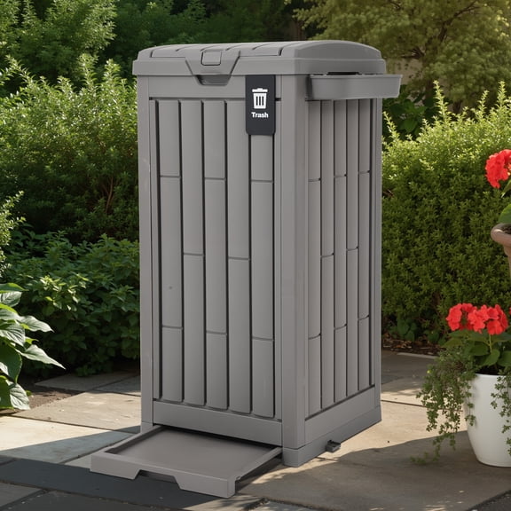 Uforic 38 Gallon Outdoor Resin Trash Can with Lid, Includes Sorting Labels, Ash Holder, Stakes & Suction Cups, Hideaway Storage for Patio Backyard Garden, Light Brown