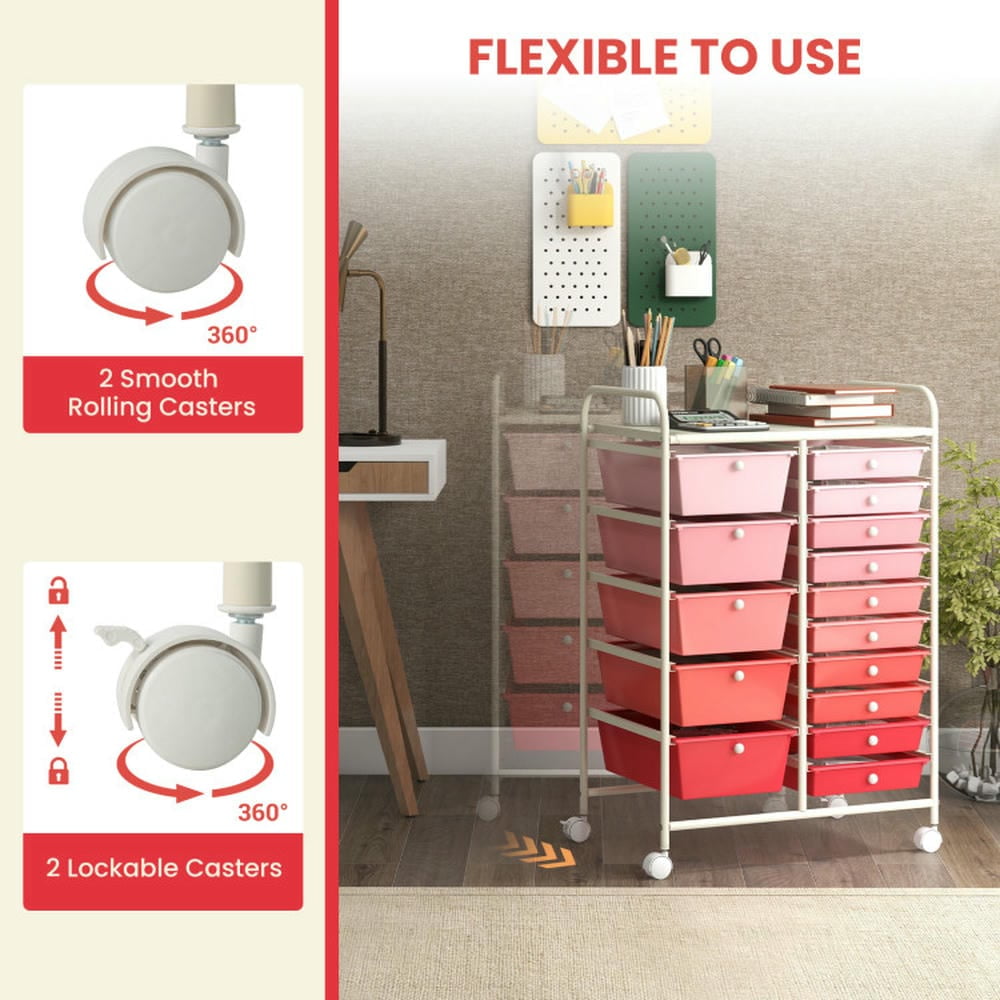 Spaco 15-Drawer Utility Rolling Organizer Cart Multi-Use Storage-Gradient Pink, Craft Organizers and Storage, Multipurpose Organizer Cart for Home, Office, School