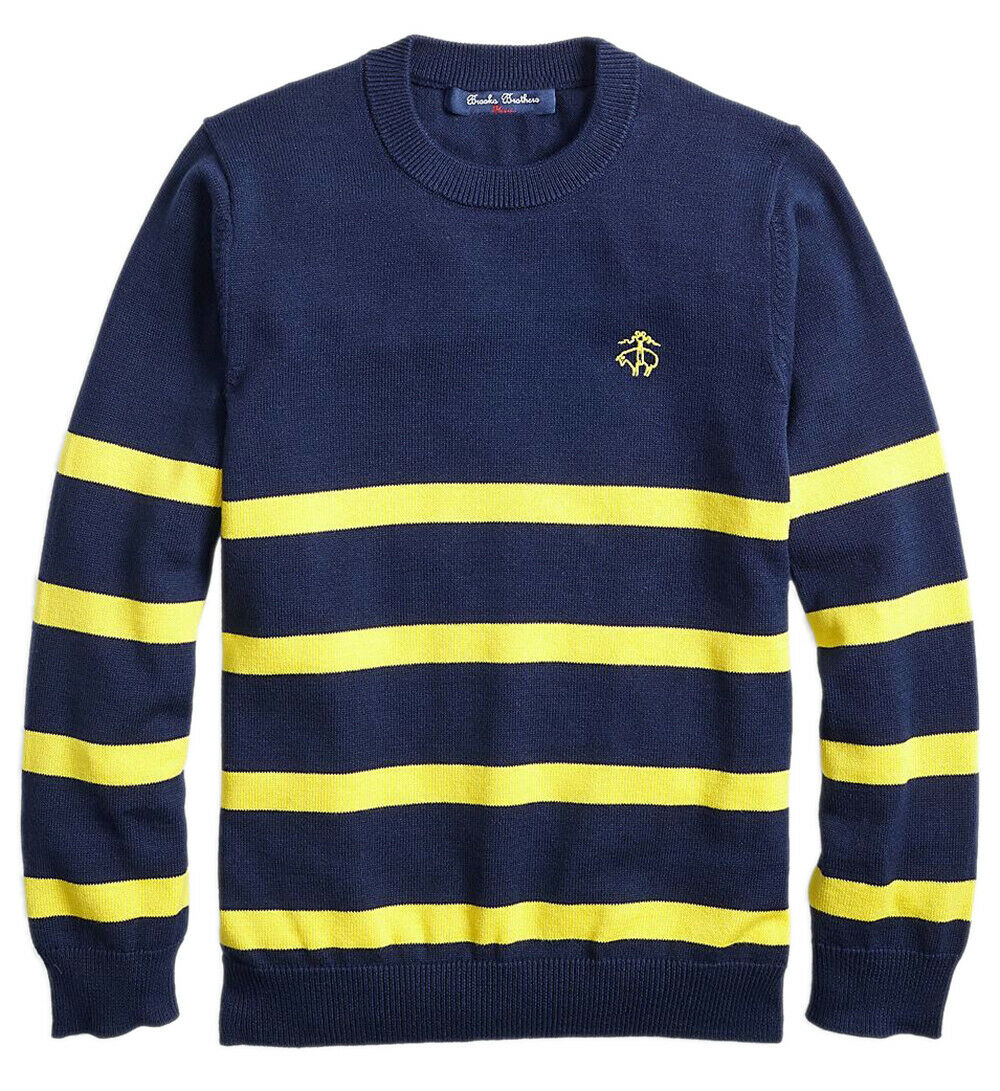 New Brooks Brothers Boys Fleece Youth Navy with Yellow Stripes Sweater