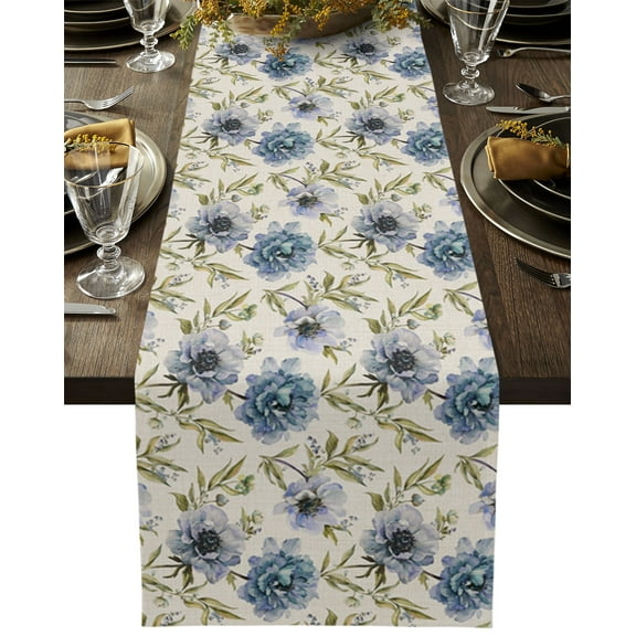 Table Runner Dresser Scarves 36 Inch Long, Watercolor Anemone Peony Flower Linen Dining Table Runners Blue Floral Leaves on Linen Tabletop Scarf for Wedding Holiday Party Kitchen