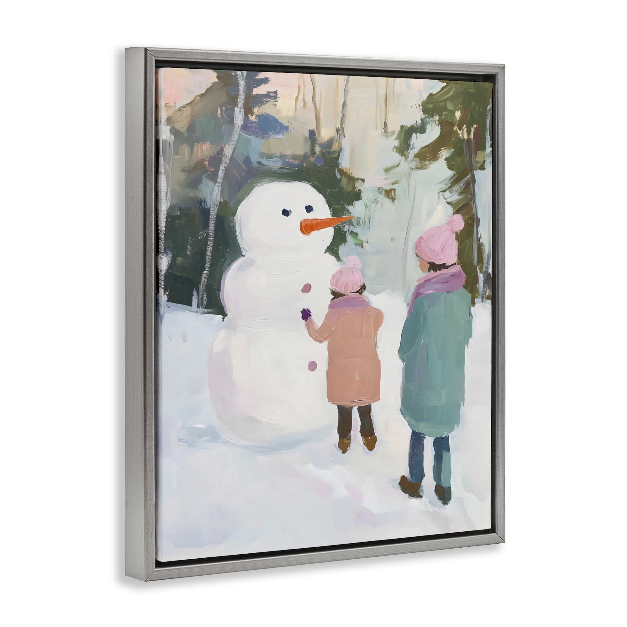 Stupell Industries Two Girls With Snowman Gray Framed Floater Canvas Wall Art, design by The Prints Vibe